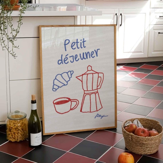 Retro Coffee Print Hand Drawn Croissant Moka Pot Poster