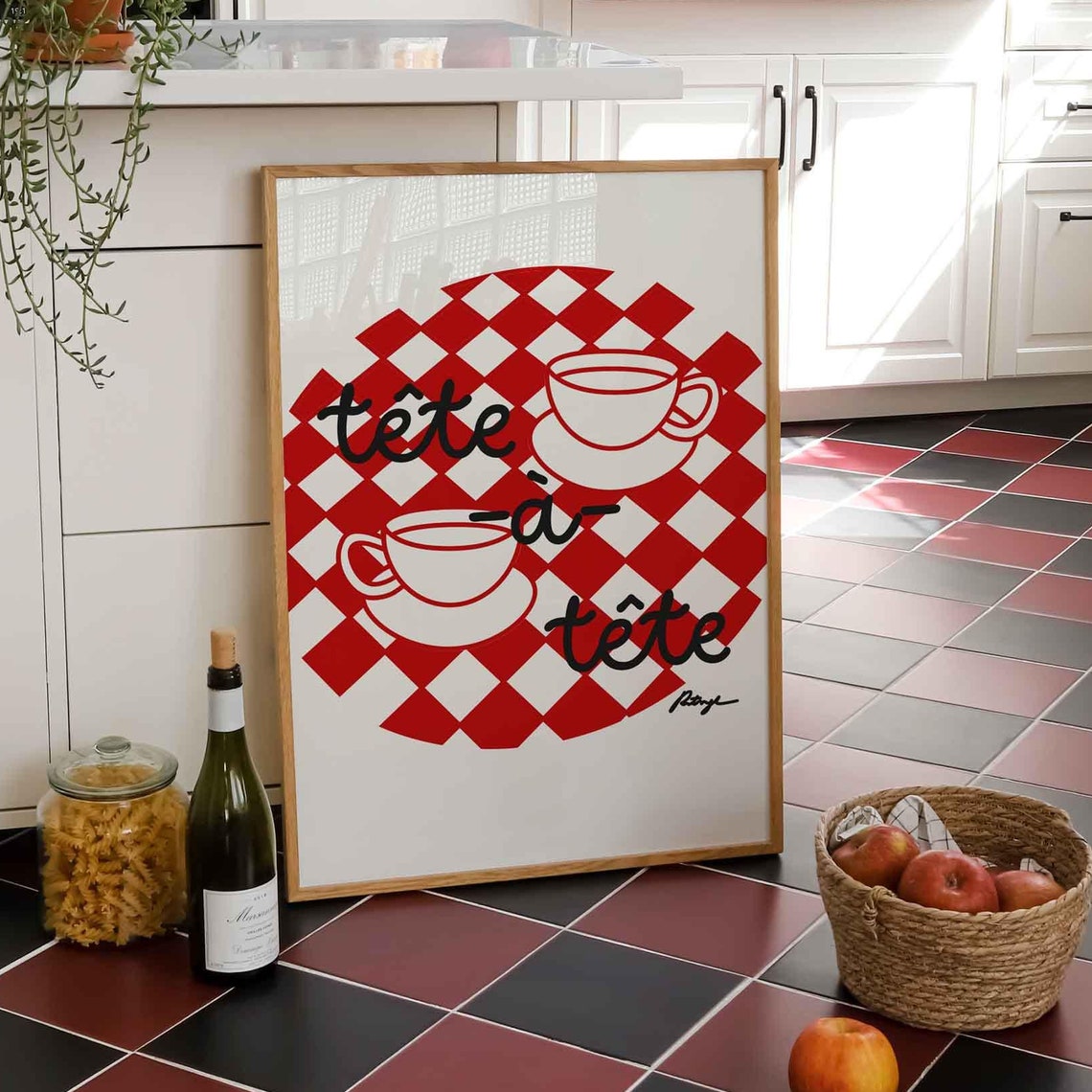 Retro Coffee Print Hand Drawn Cafe Poster Red Checkered Kitchen Art