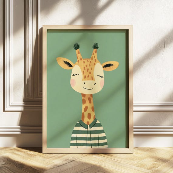 Cute Giraffe Wall Art Nursery Animal Print Kids Room Decor Safari Baby Shower Gift Portrait Stripe Shirt Poster