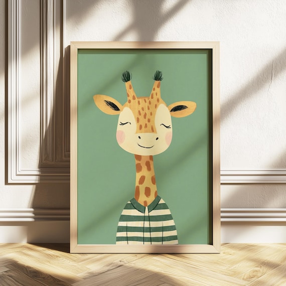 Smiling Giraffe Striped Shirt Cute Nursery Animal Art Poster