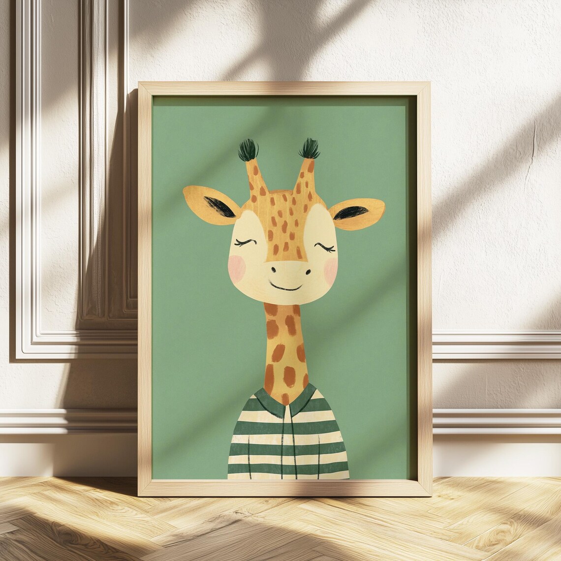 Smiling Giraffe Striped Shirt Cute Nursery Animal Art Poster