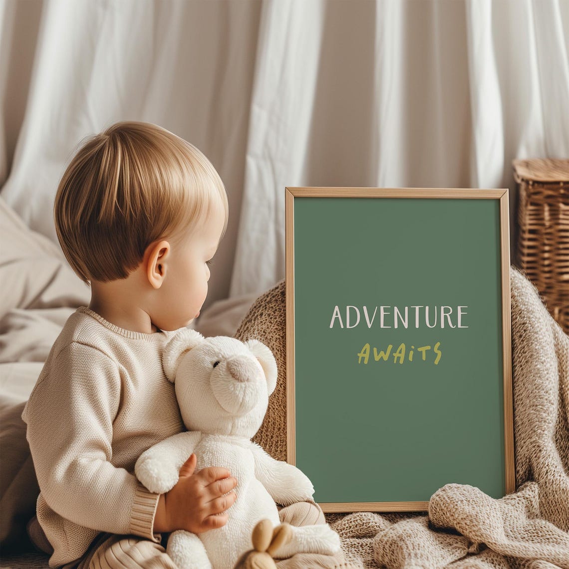 Adventure Awaits Hand Lettered Quote Sage Green Nursery Decor Poster