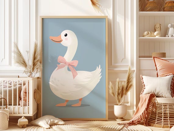 Cute Goose Wall Art Silly Print Blue Nursery Decor Duck With Bow Farm Animal Kids Room Illustration Childrens Gift