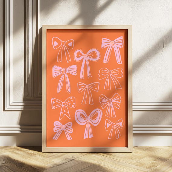 Pink Bows Wall Art Handdrawn Bow Poster Cute Girly Decor For Girls Room Coquette Fashion Print