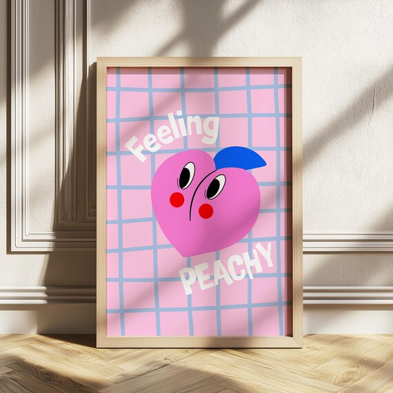 Feeling Peachy Cute Cartoon Peach Quote Pink Checkered Poster