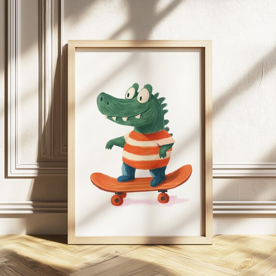 Skateboarding Crocodile Cute Kids Animal Playroom Art Poster