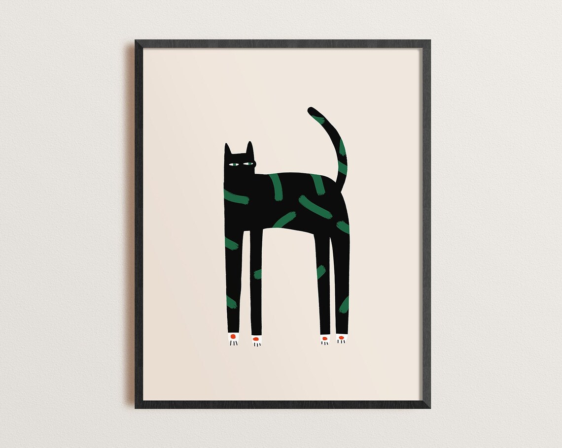 Retro Black Cat Art Print, Mid-Century Boho Cat