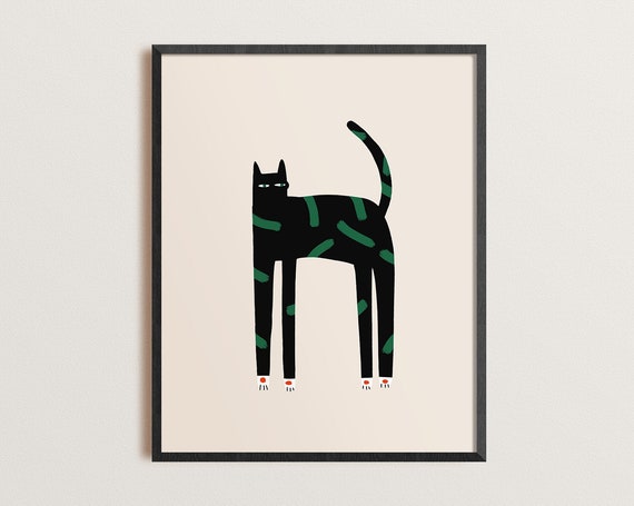 Retro Black Cat Art Print, Mid-Century Boho Cat