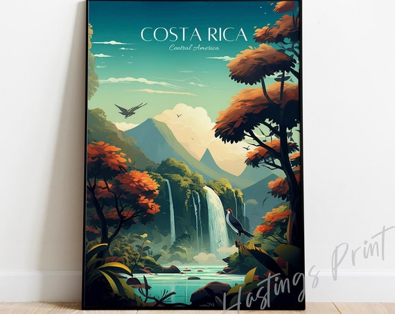 Costa Rica Travel Poster Vintage Waterfall Landscape Art Print
