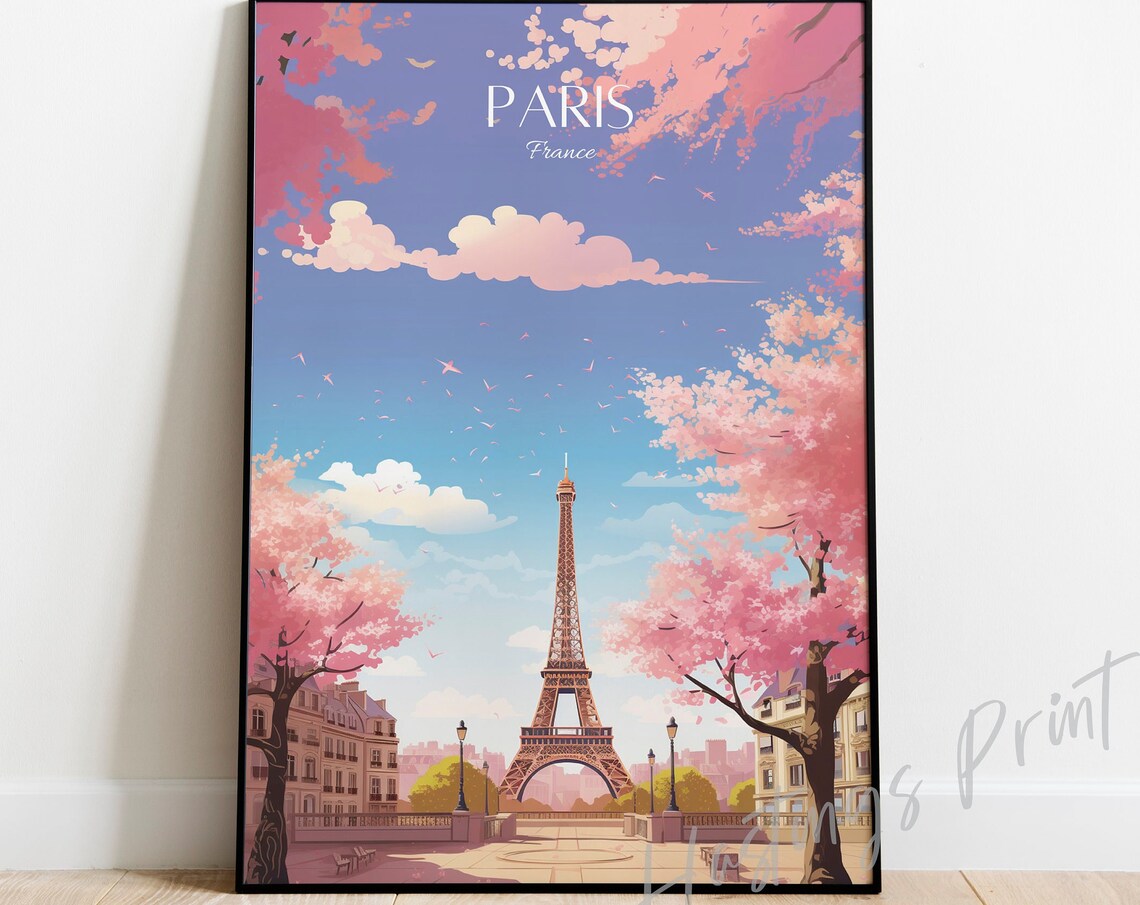 Paris Eiffel Tower Cherry Blossom Vintage France Travel Poster