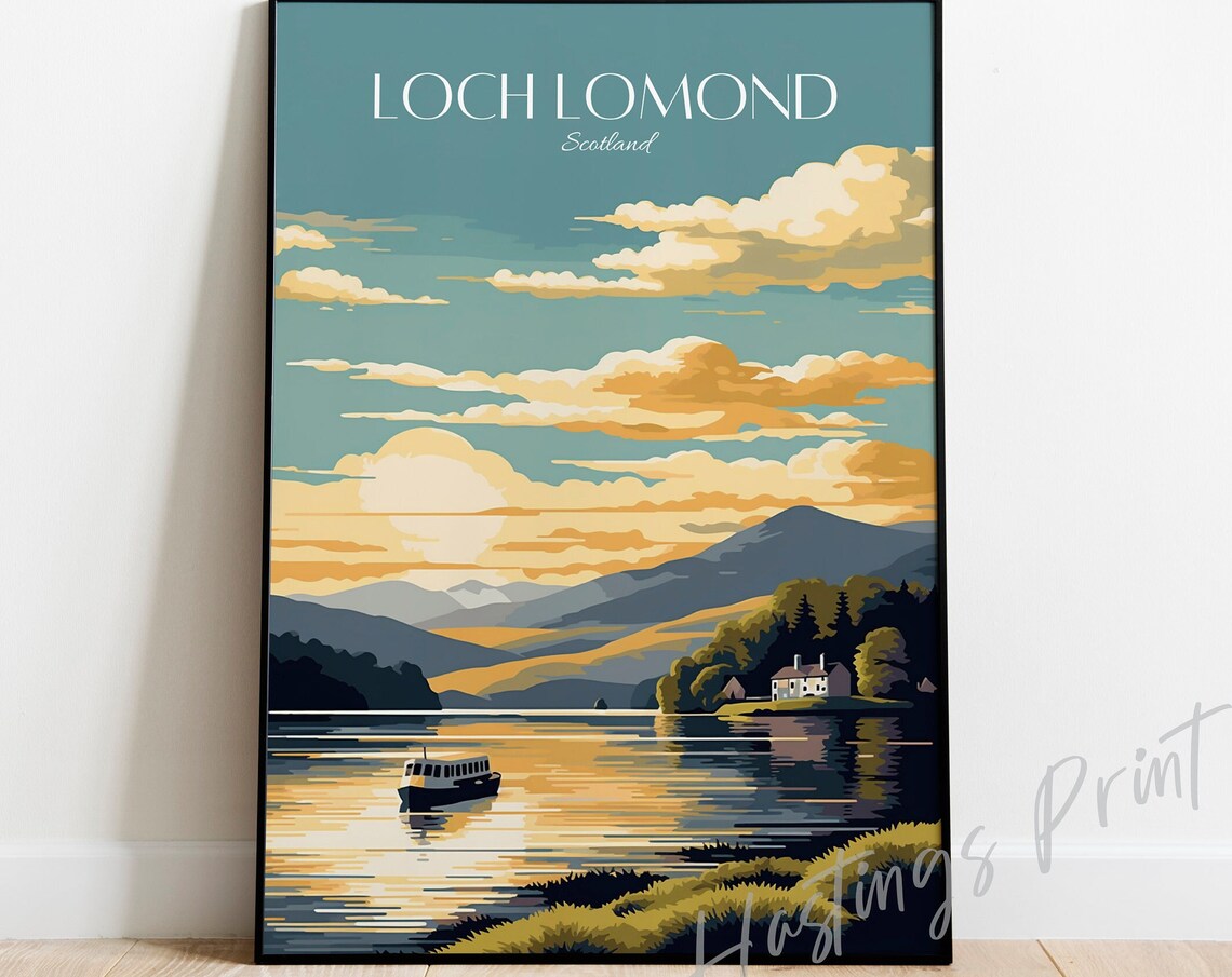 Loch Lomond Scotland Sunset Lake Cruise Boat Vintage Travel Poster