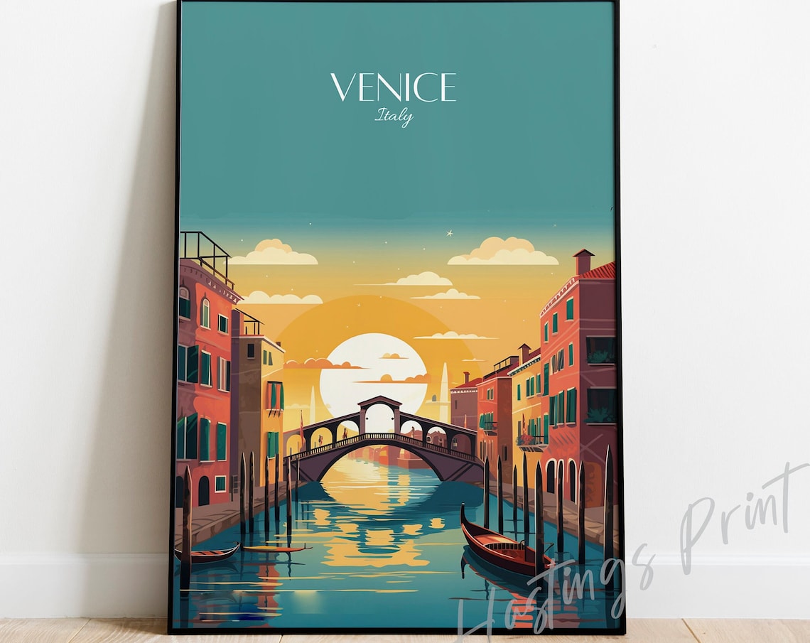 Venice Italy Sunset Canal Gondolas Bridge Vintage Travel Poster