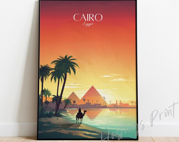 Cairo Egypt Vintage Travel Poster Pyramids Camel Sunset Desert Wall Decor