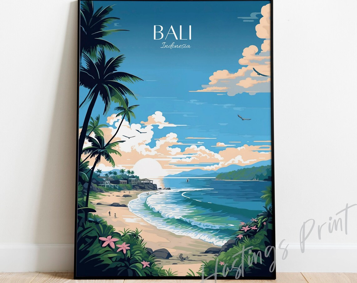 Bali Indonesia Tropical Beach Paradise Palm Trees Travel Poster