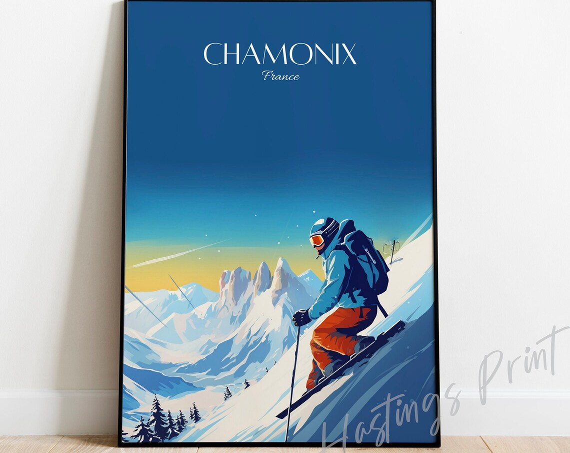 Chamonix France Downhill Skier Slope Vintage Ski Mountain Travel Poster