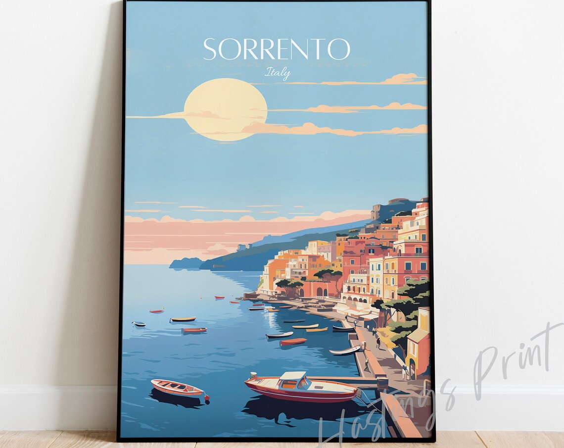 Sorrento Italy Vintage Travel Poster Big Sun Harbor Red Boat