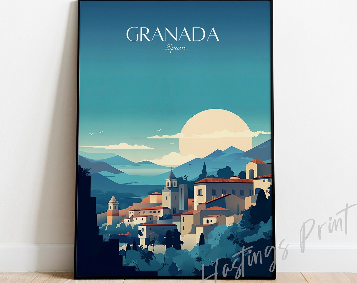 Granada Spain Vintage Travel Poster Moonlit Village Mountains Night Artwork