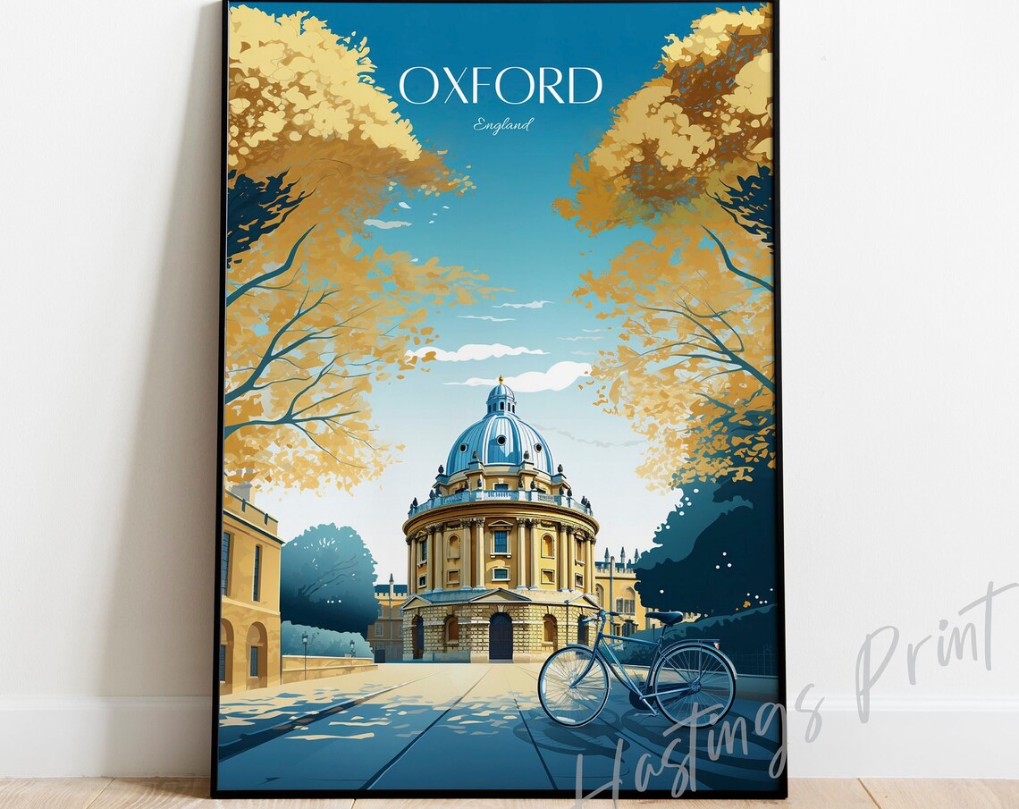 Oxford England Autumn Radcliffe Camera Bicycle Travel Poster