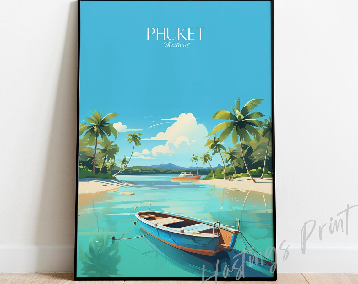 Phuket Thailand Turquoise Bay Wooden Boats Travel Poster Art