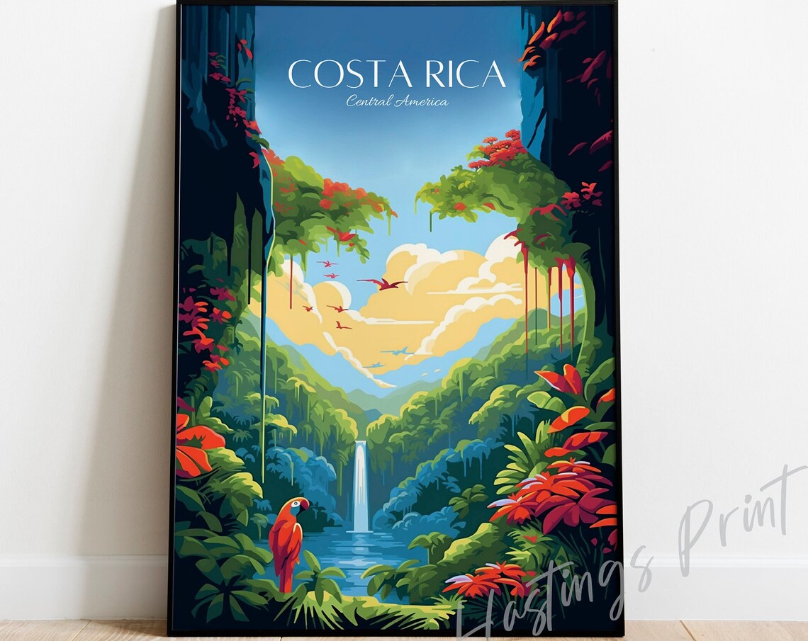 Costa Rica Rainforest Vintage Travel Poster Parrot Waterfall Art