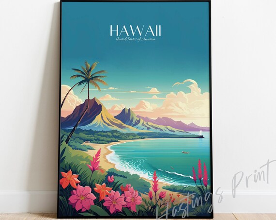 Hawaii United States Vintage Tropical Beach Palm Travel Poster