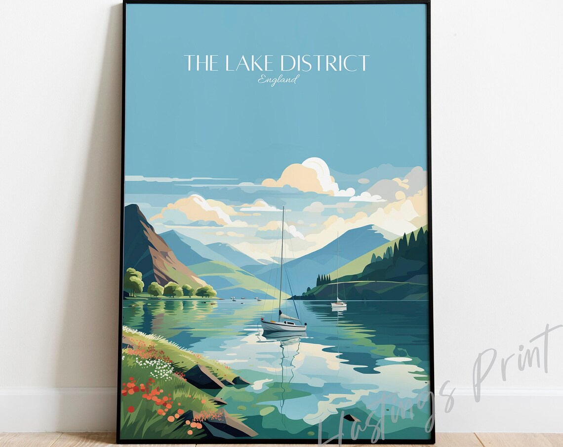 The Lake District England Vintage Travel Poster Sailboat Lake Scene