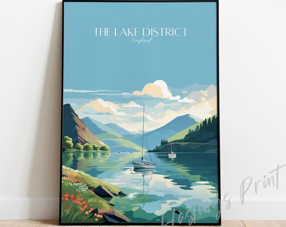 The Lake District England Vintage Travel Poster Sailboat Lake Scene