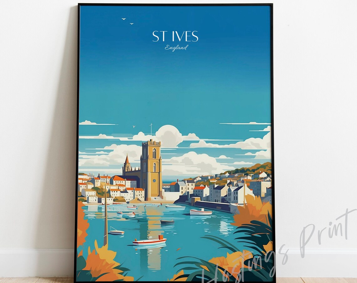 St Ives England Vintage Travel Poster Harbor Church Tower Coastal View