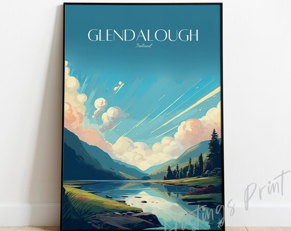 Glendalough Ireland Vintage Travel Poster Lake Mountain Valley