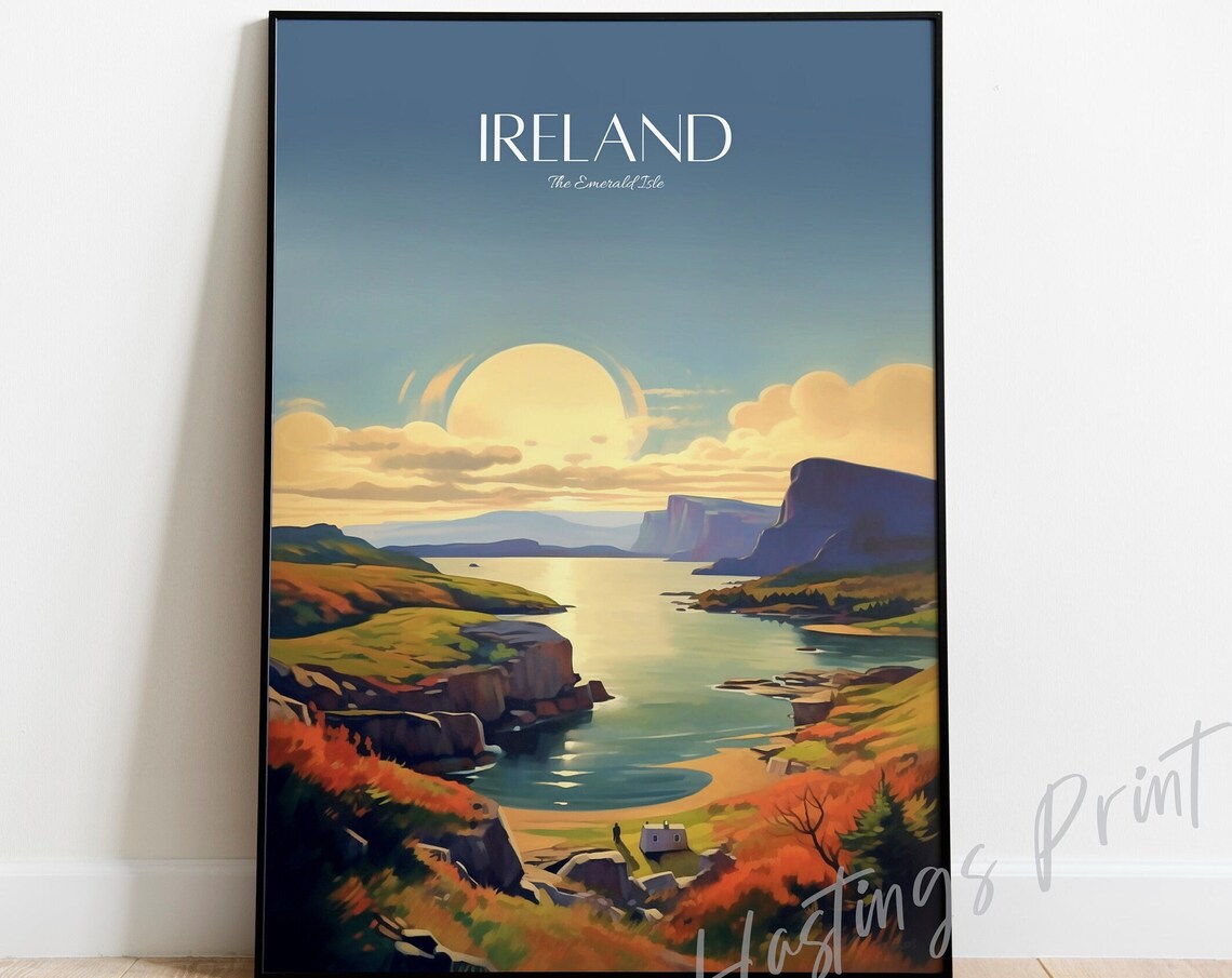 Ireland The Emerald Isle Vintage Travel Poster Coastal Sunset View