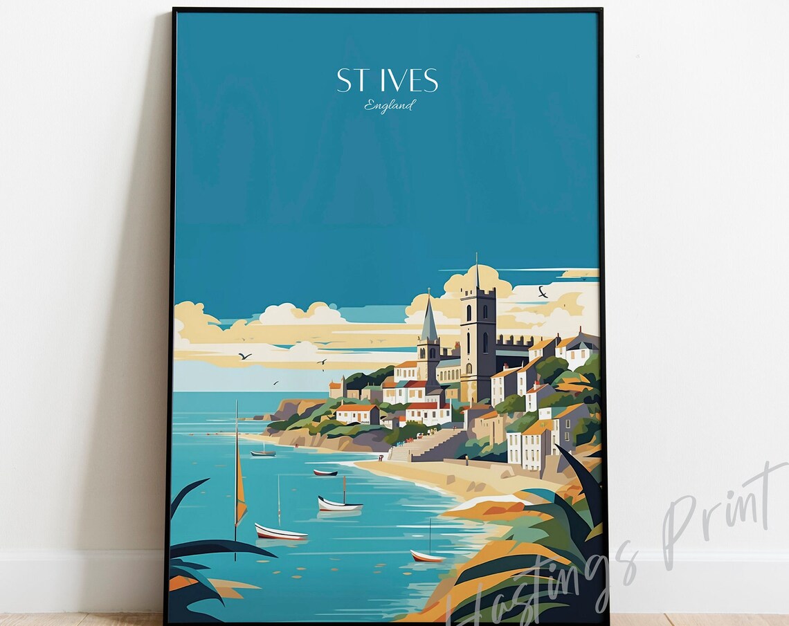 St Ives England Vintage Travel Poster Coastal Town Church Seaside Artwork