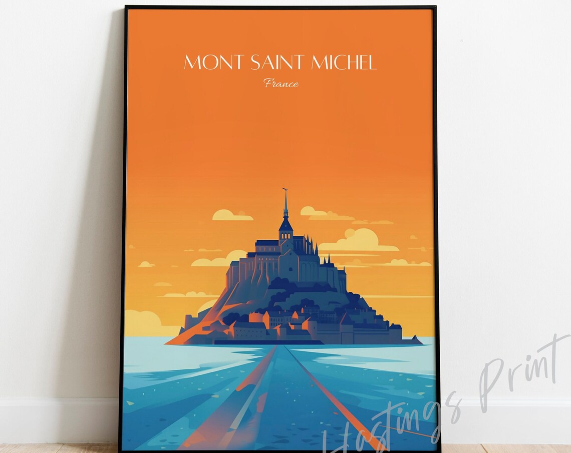 Mont Saint Michel France Abbey Silhouette Sunset Tidal Causeway Travel Poster