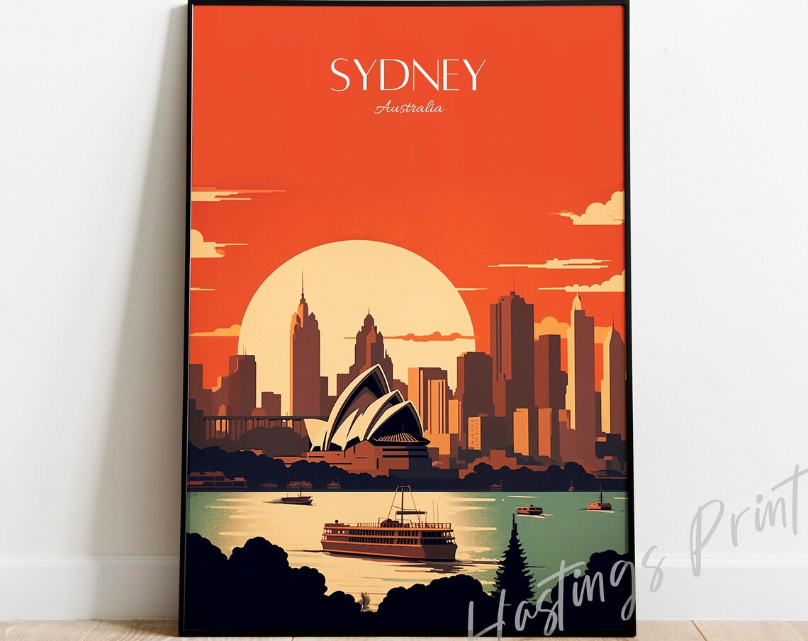Sydney Australia Travel Poster Opera House Harbour Sunset Vintage Art