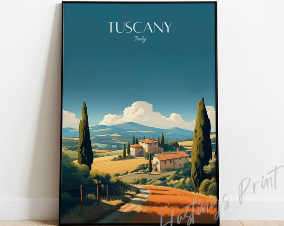 Tuscany Italy Vintage Travel Poster Orange Fields Farmhouse Villa