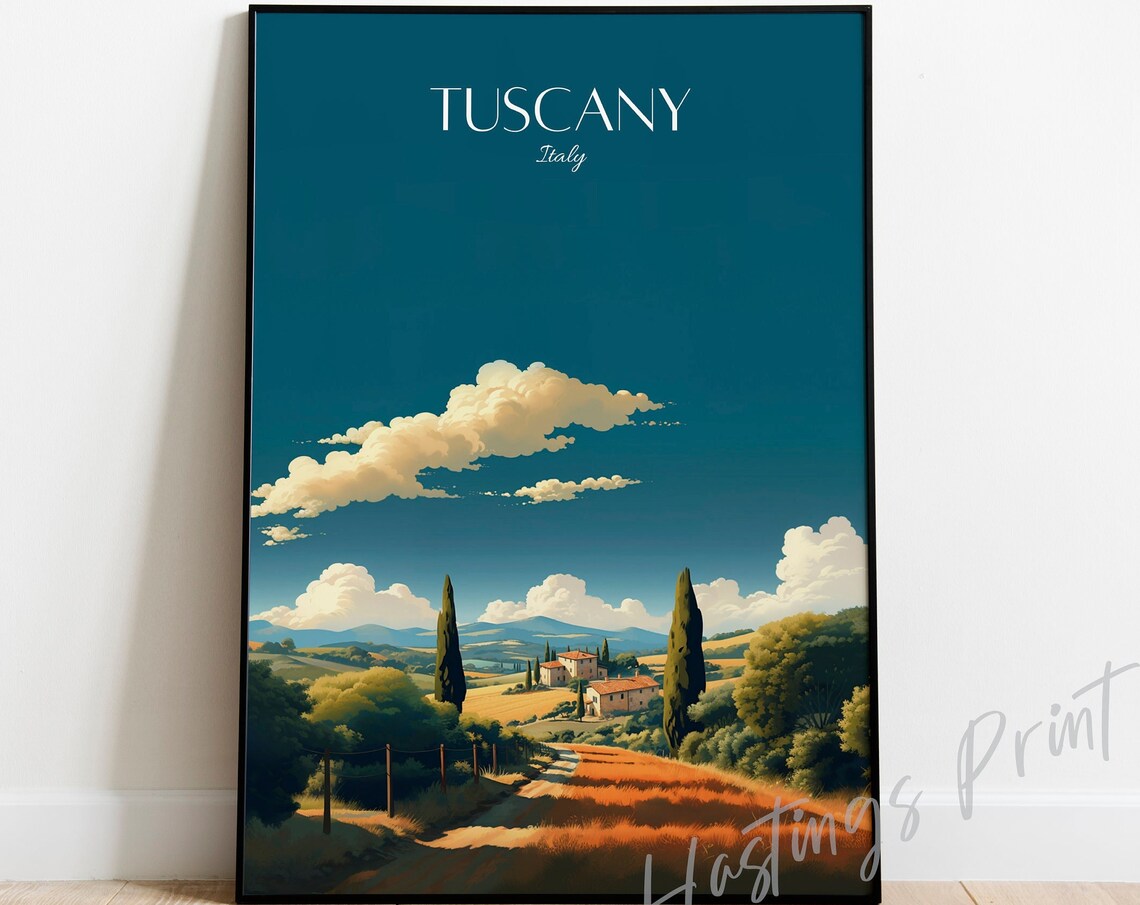 Tuscany Italy Vintage Travel Poster Cypress Trees Rolling Hills