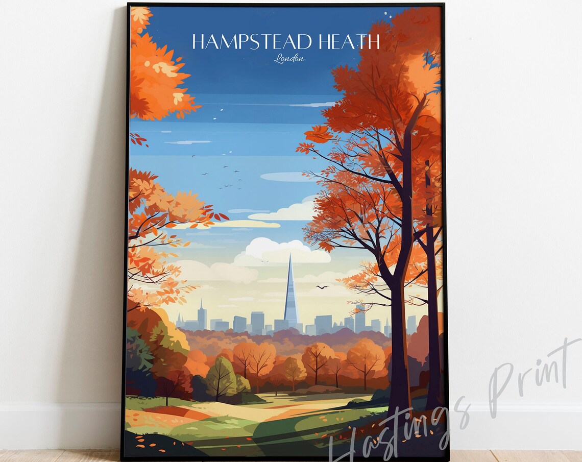 Hampstead Heath London Autumn Trees City Skyline Travel Poster