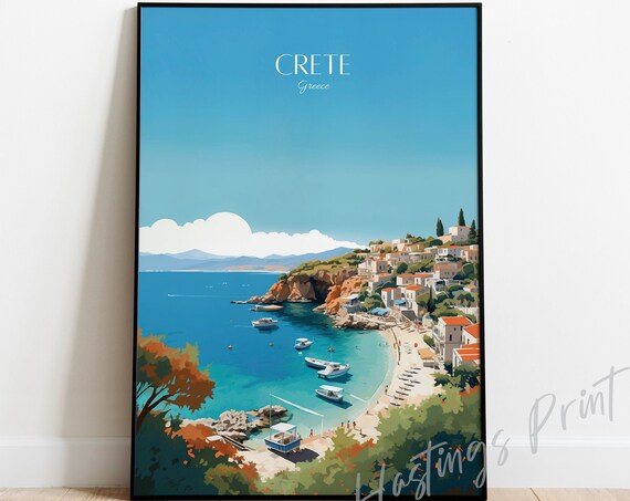 Crete Greece Travel Poster Turquoise Bay Boats Hillside Art Illustration