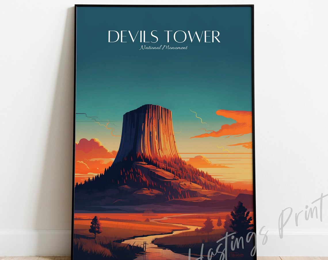 Devils Tower National Monument Wyoming Golden Sunset Travel Poster
