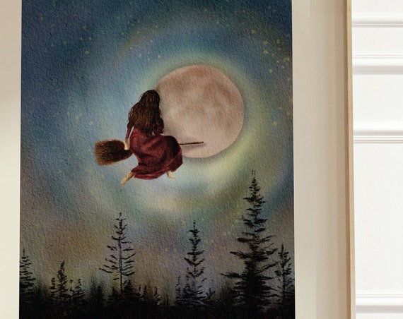 Flying Witch Moon Illustration, Gothic Art Print