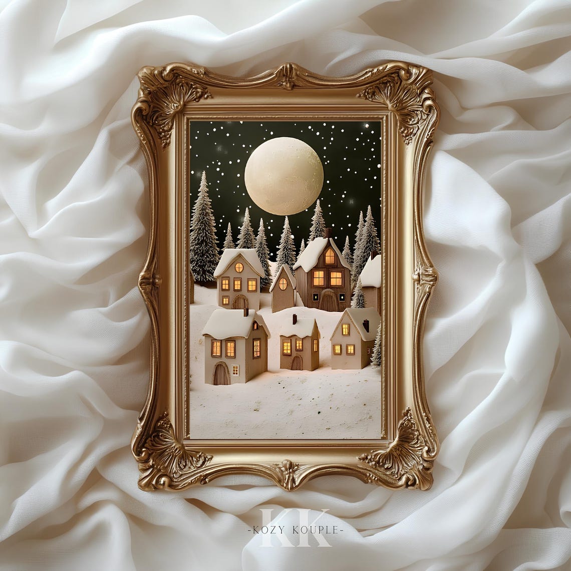 Moonlit Snowy Village Glowing Cottages Full Moon Winter Poster