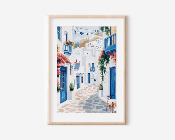 Mykonos Wall Art Greek Island Illustration Poster Coastal Mediterranean Decor Modern Travel Print