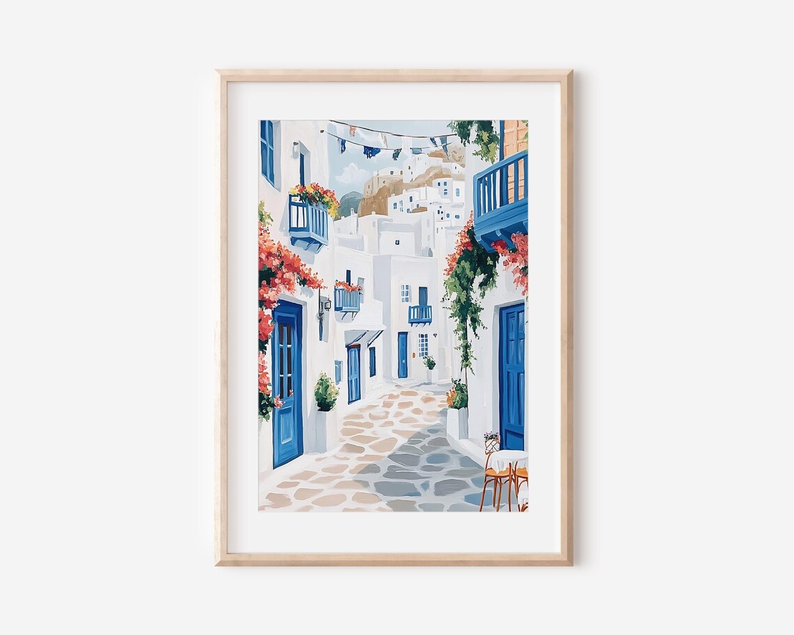 Mykonos Greek Island Whitewashed Alley Bougainvillea Travel Poster