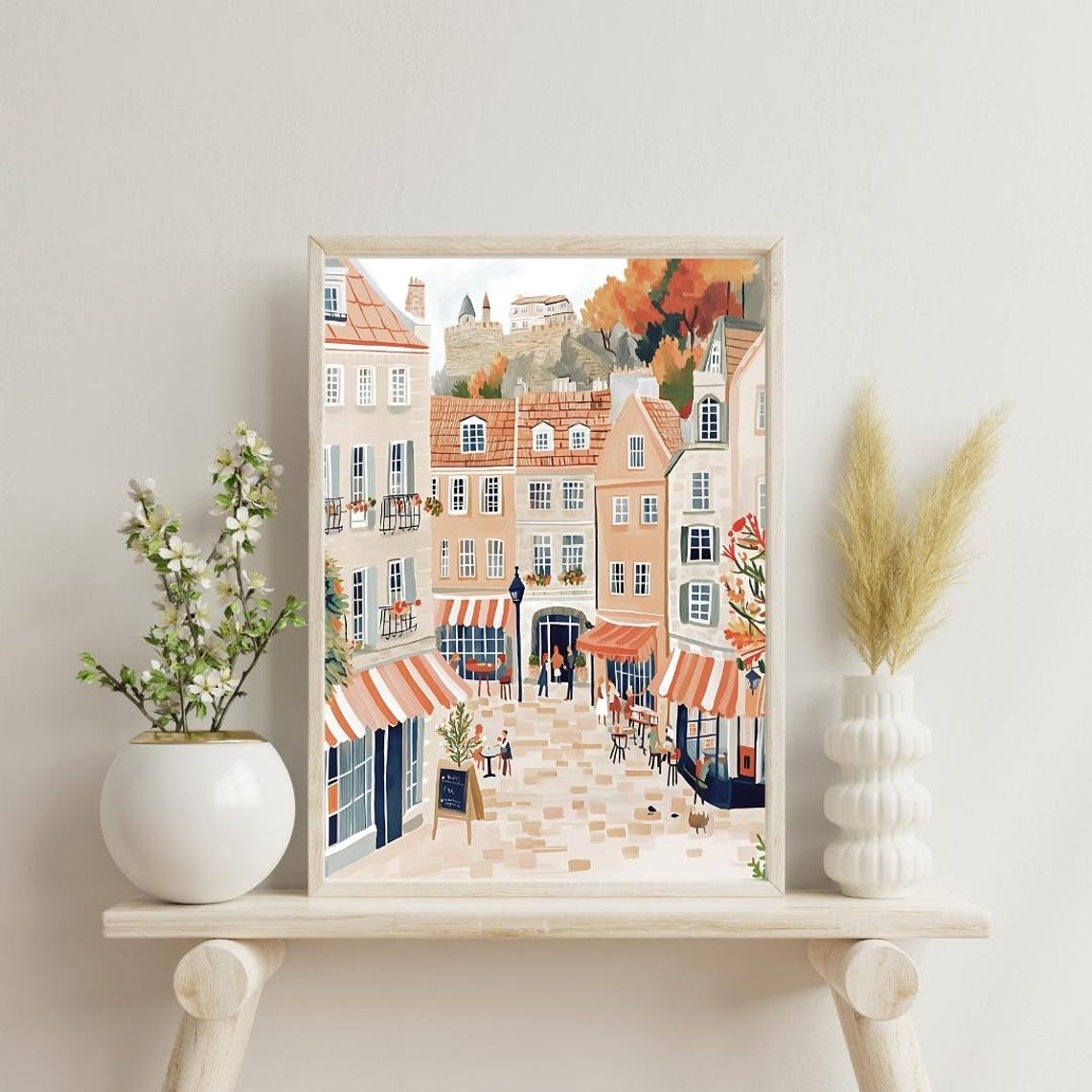 Cozy Autumn Old Town Street Cafes Castle Hill Warm Tones Poster - Image 2