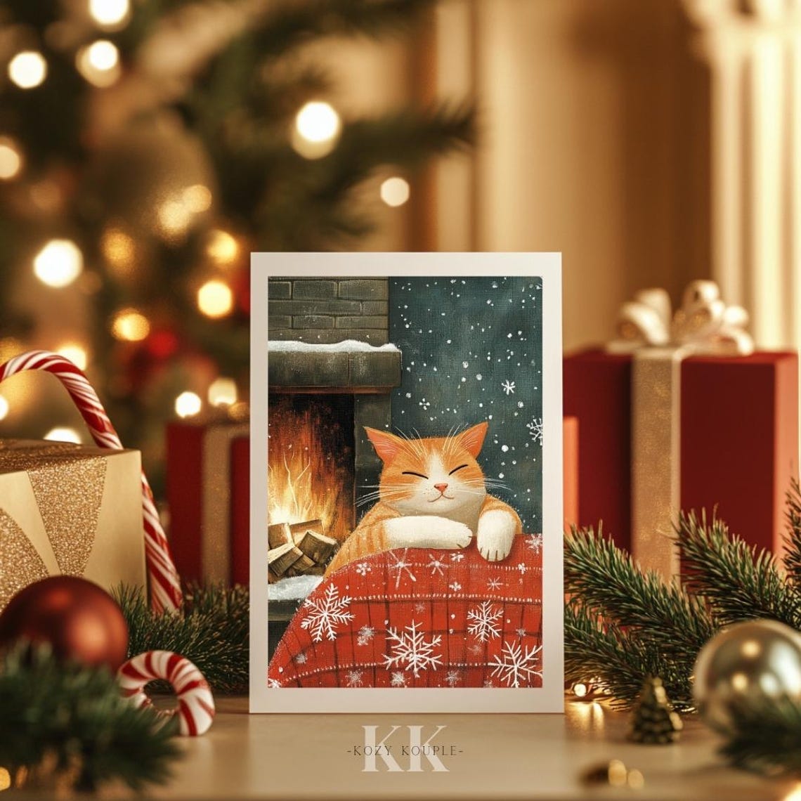 Sleepy Ginger Cat by Fireplace Christmas Snowflake Holiday Poster - Image 3