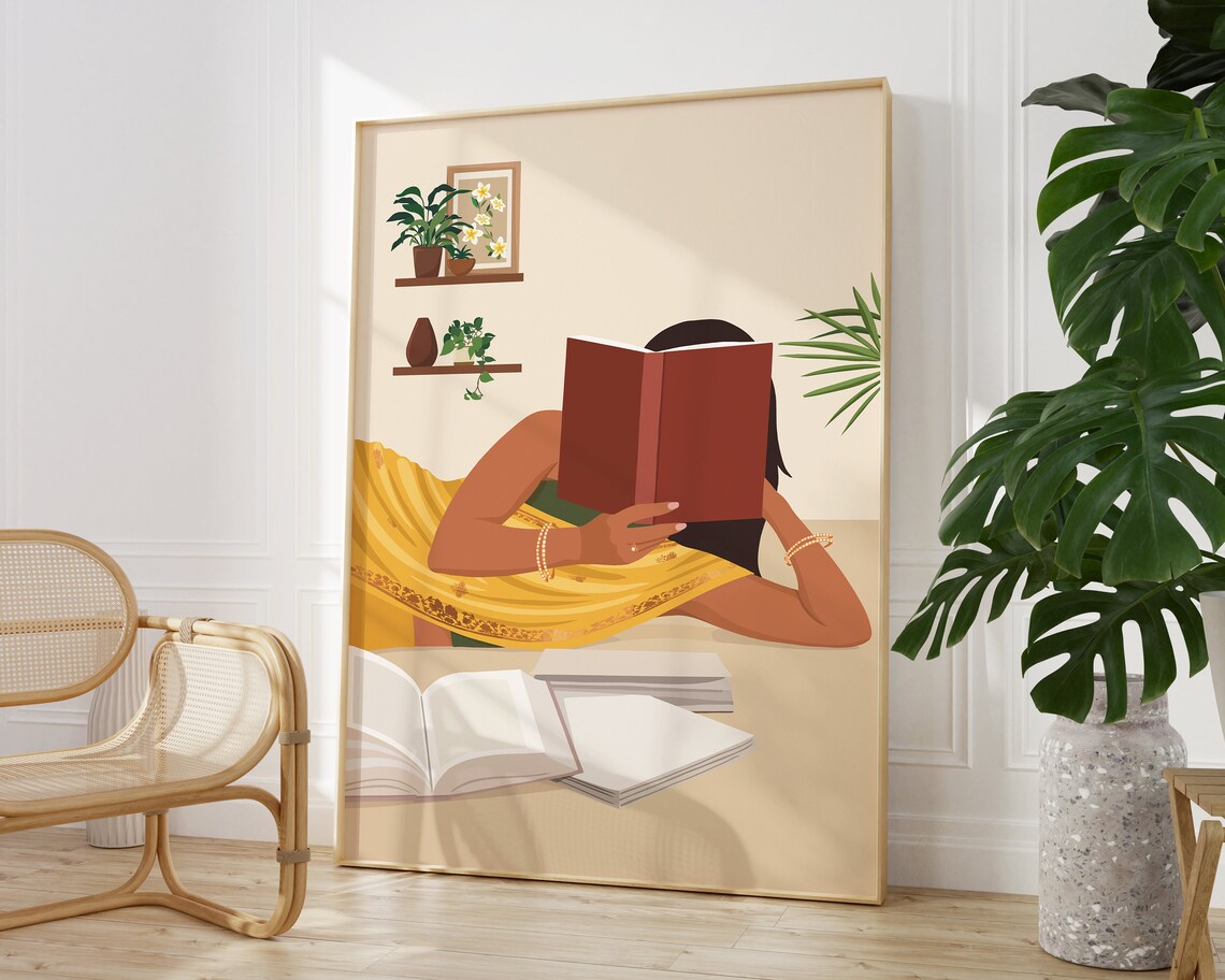 Indian Women In Saree Reading Book, Boho Art - Image 2