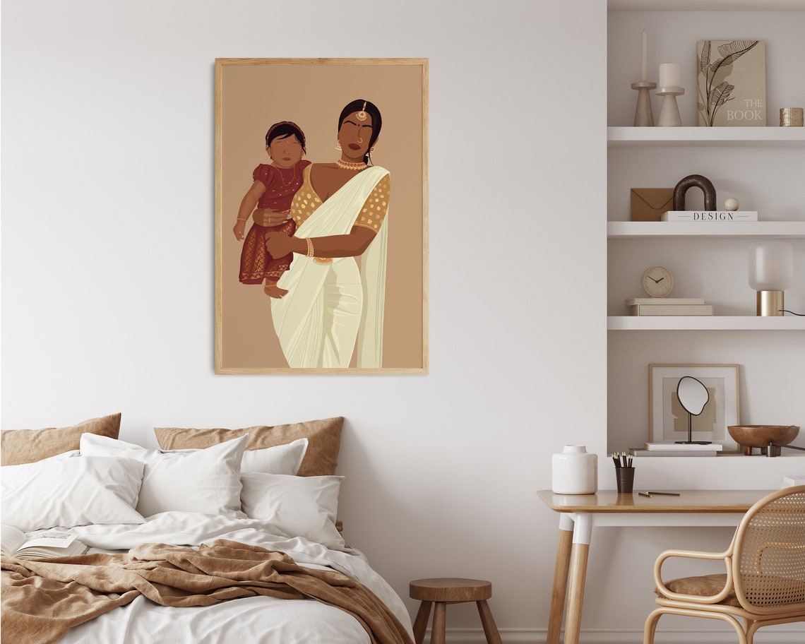 Mother Child Art Print Motherhood Poster South Asian Art Indian Art South Indian Art Indian Mom Gift Idea Desi Art Mothers Day Gift - Image 3