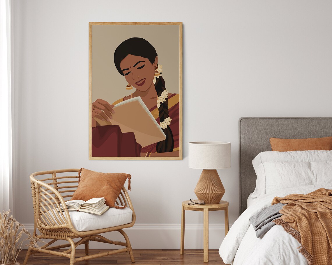 Indian Women In Saree Reading Book Art Print - Image 2