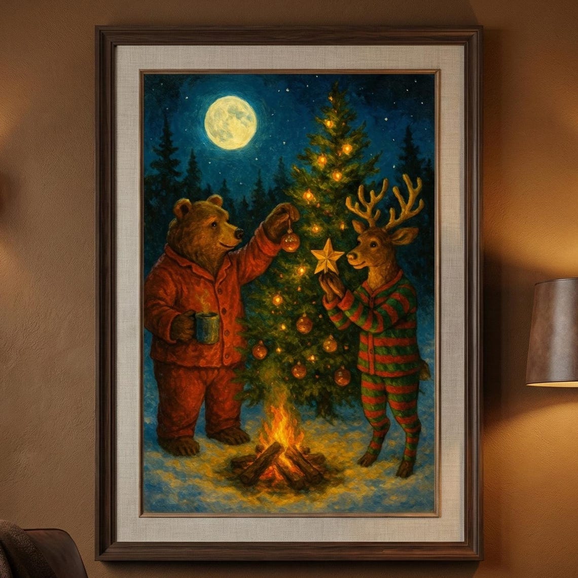 Bear and Reindeer in Pajamas Decorating a Christmas Tree Poster