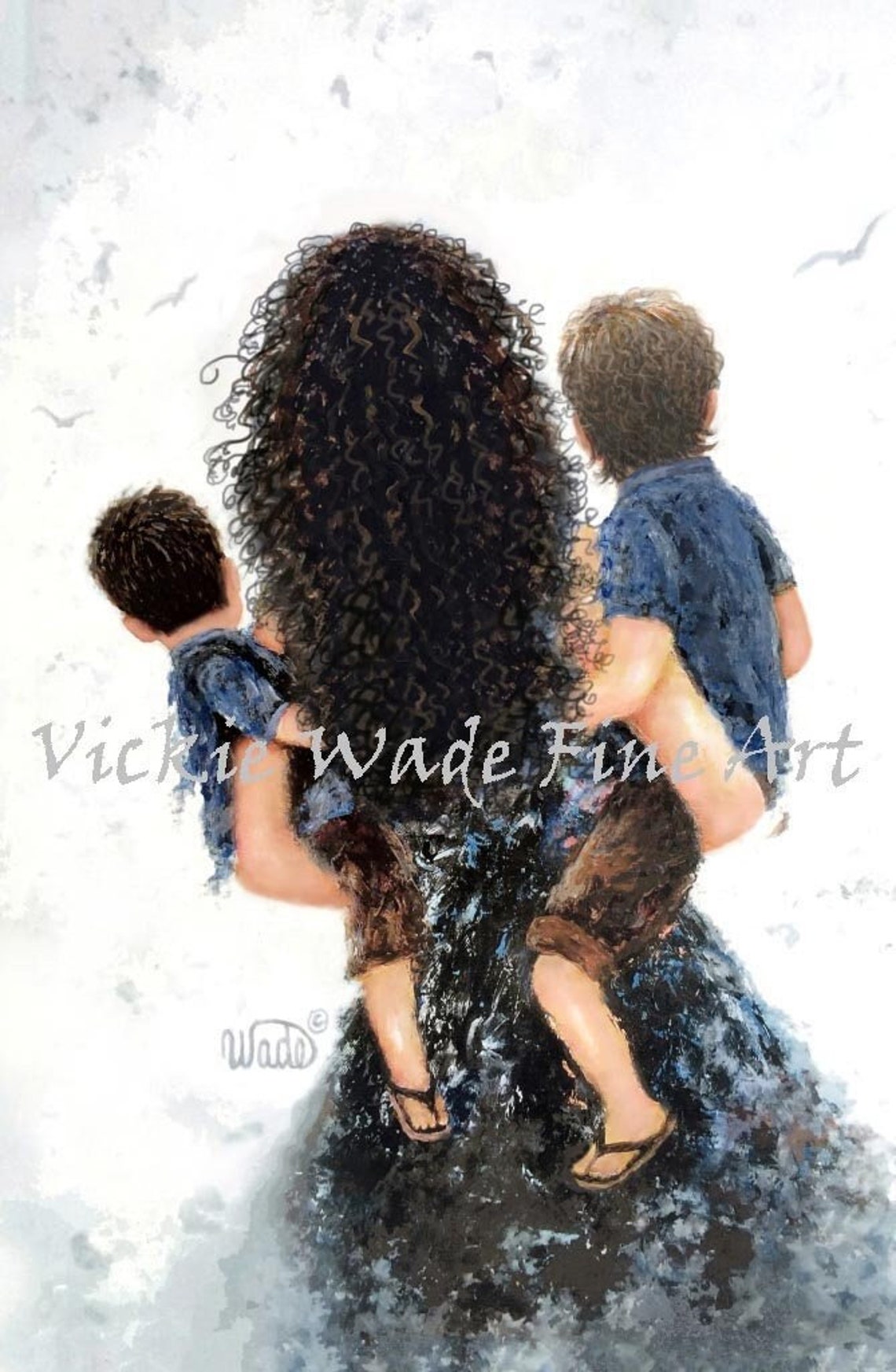 Curly Haired Mother Carrying Her Two Sons in the Clouds Poster