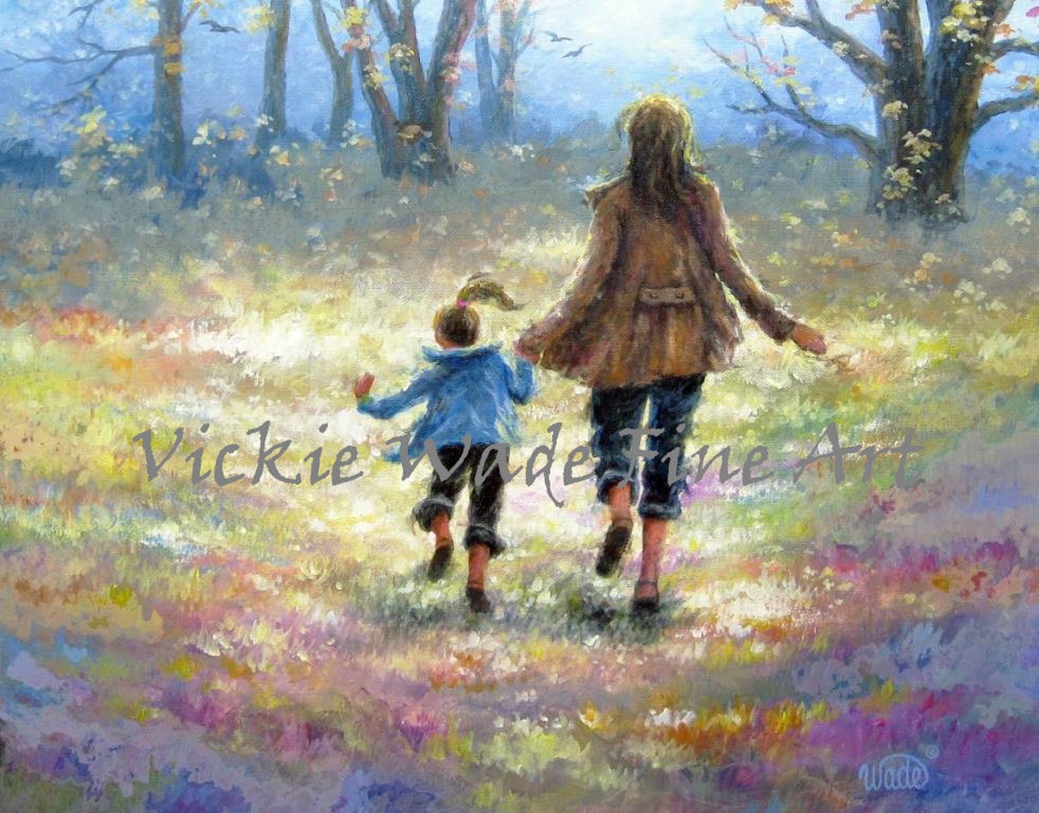 Mother And Daughter Walk Art Print Daughter Girl Mom And Daughter Walking Painting Art Mothers Day Gift Art Vickie Wade Art